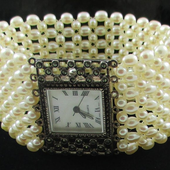 Freshwater Pearl and Marcasite Stretch Bracelet Watch main image 5
